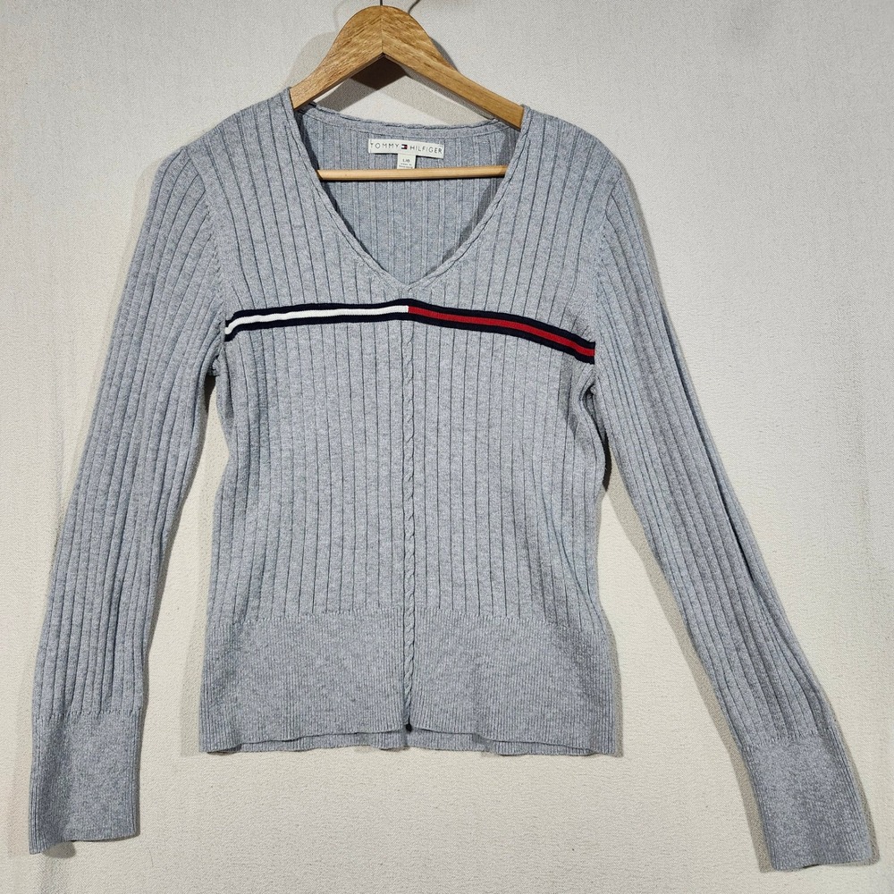 VTG 90s Tommy Hilfiger Womens Gray Ribbed V-Neck Striped Pullover Sweater Large